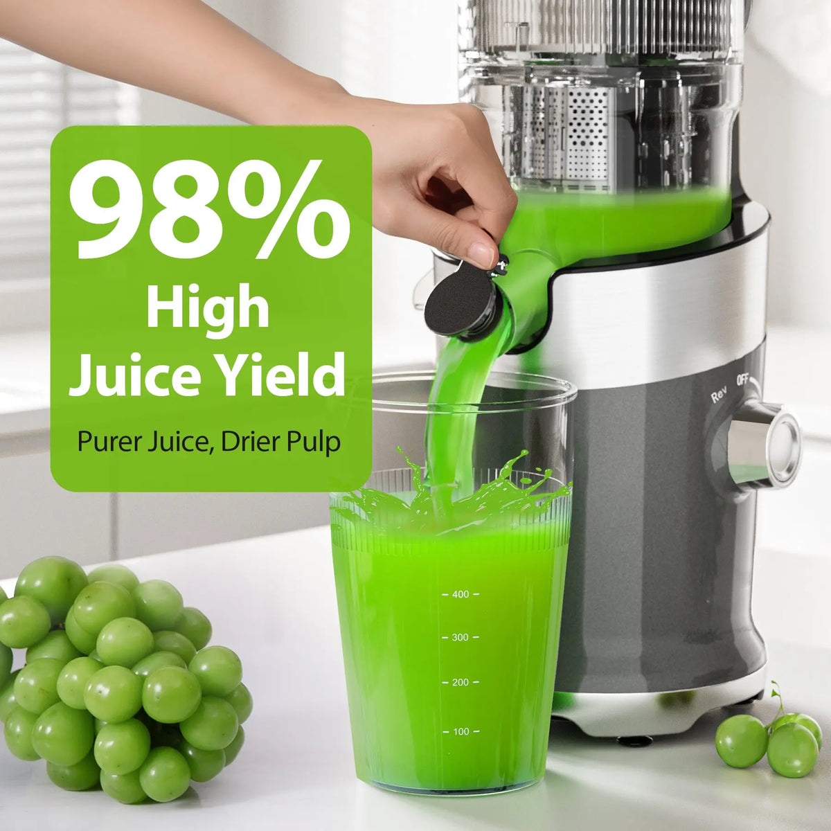 Cold Press Juicer 50 RPM 4.9" Whole Fruit No Cut Easy Clean with Safety Lock Reverse Function