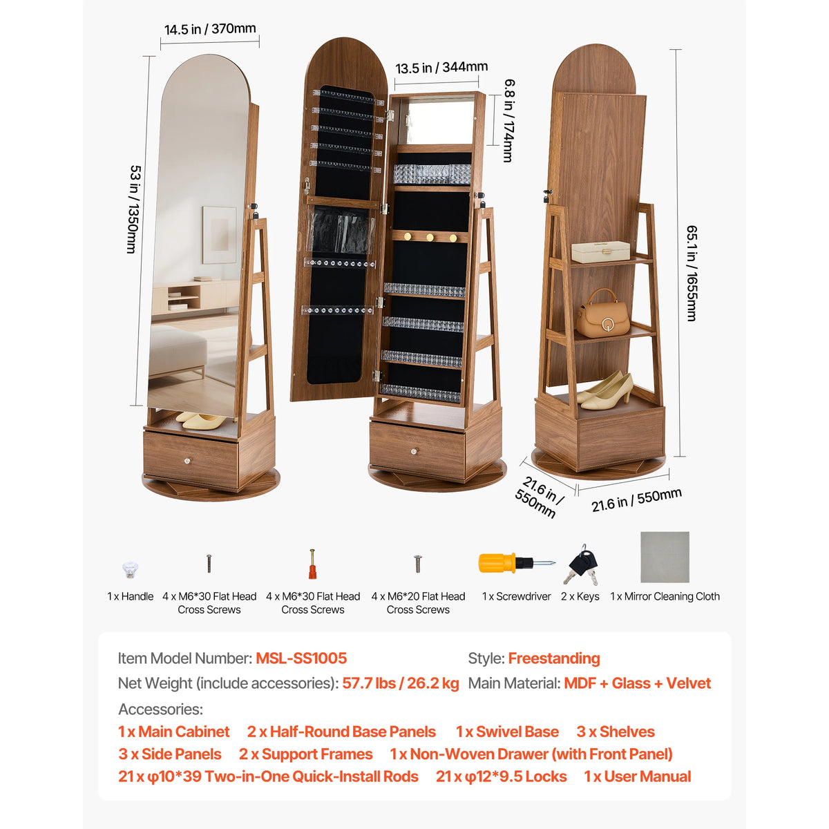 SucceBuy 360 Degree Swivel Jewelry Cabinet With Lockable Mirror Armoire