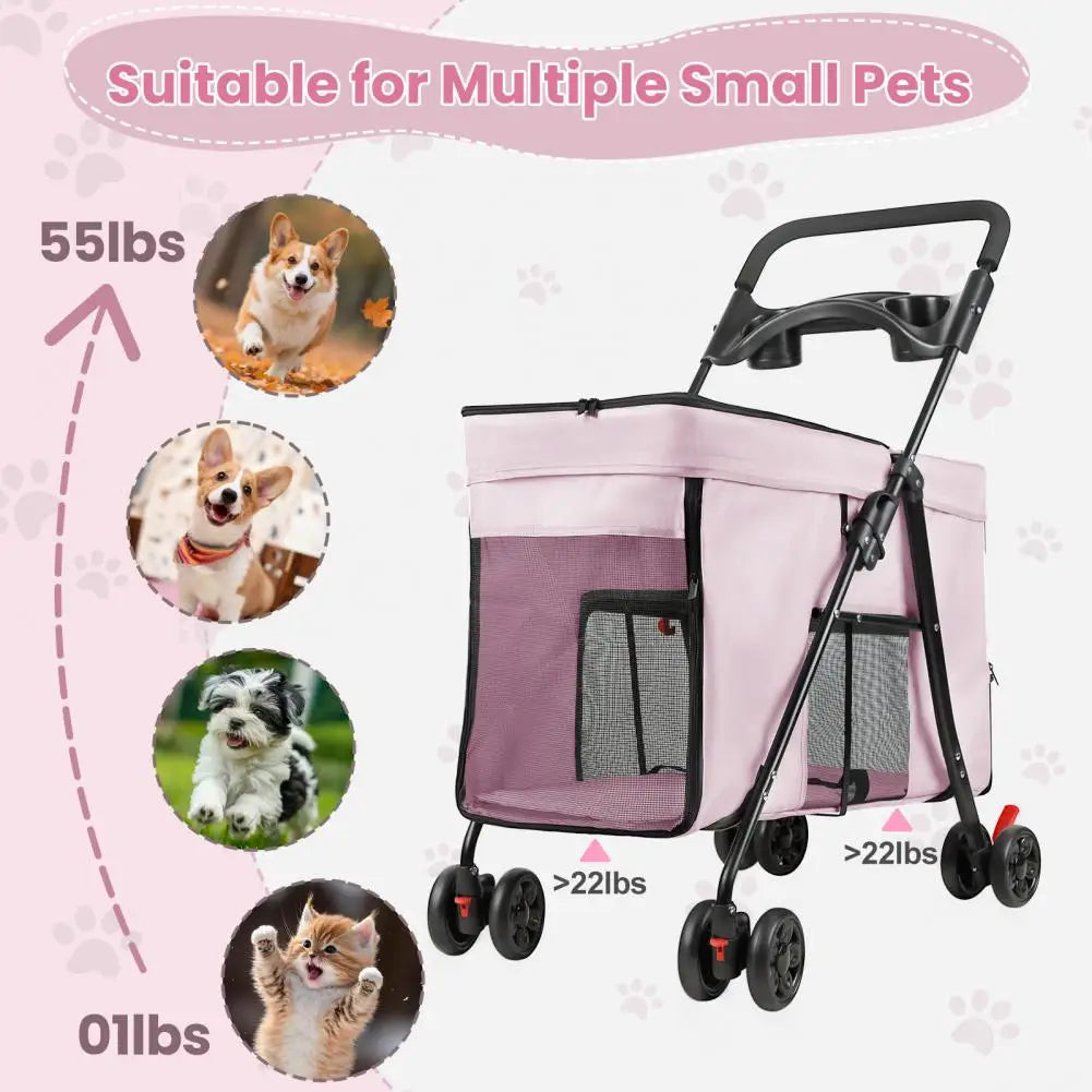 Dog Stroller 360-degree Wheels Foldable Pet Cart 5 Ventilation Windows Removable Tray Outdoor Travel for Small Medium Dogs Cats