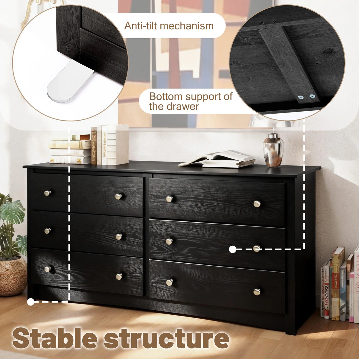 JHK 59IN Wood 6 Dresser Drawers Cabinet for Living Room Stable Structure Storage Wide Chest of Drawers Furniture For Bedroom
