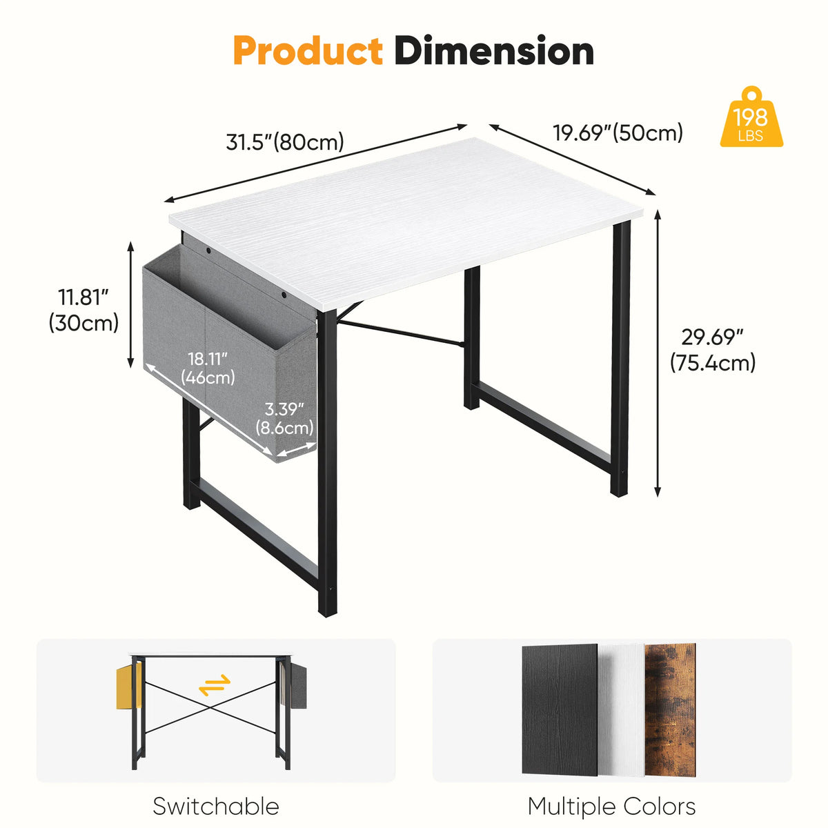 JHK Computer Desk With Storage Bag Metal Frame Wood Tabletop