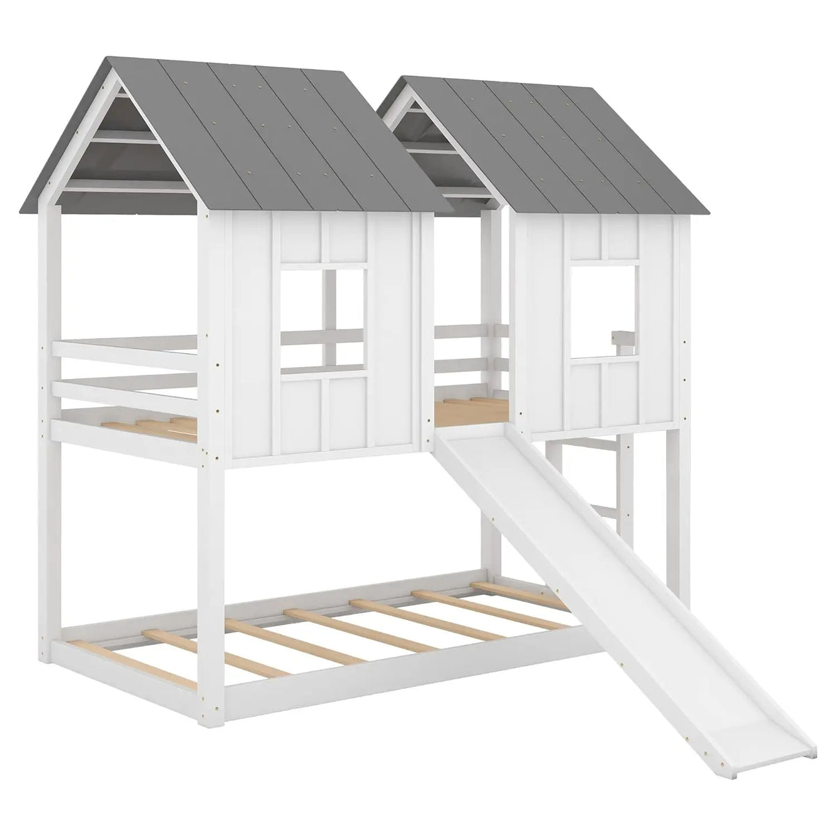 Wooden Bunk Bed With Slide And Guardrails