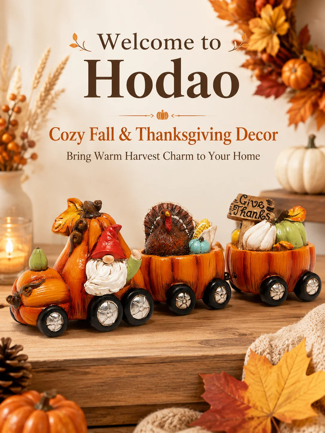 Hodao Resin Thanksgiving Pumpkin Train Figurine With Gnome And Turkey