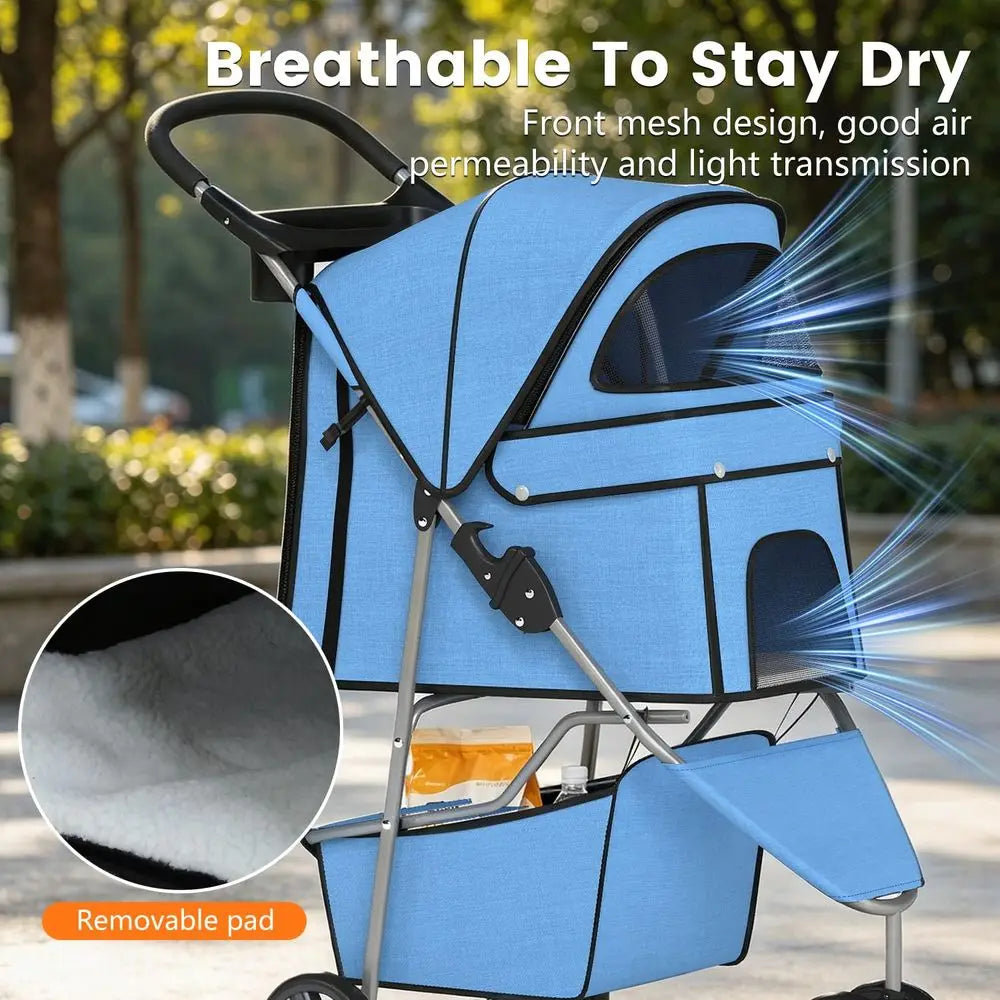 3 Wheel Lightweight Pet Stroller With Mesh And Storage