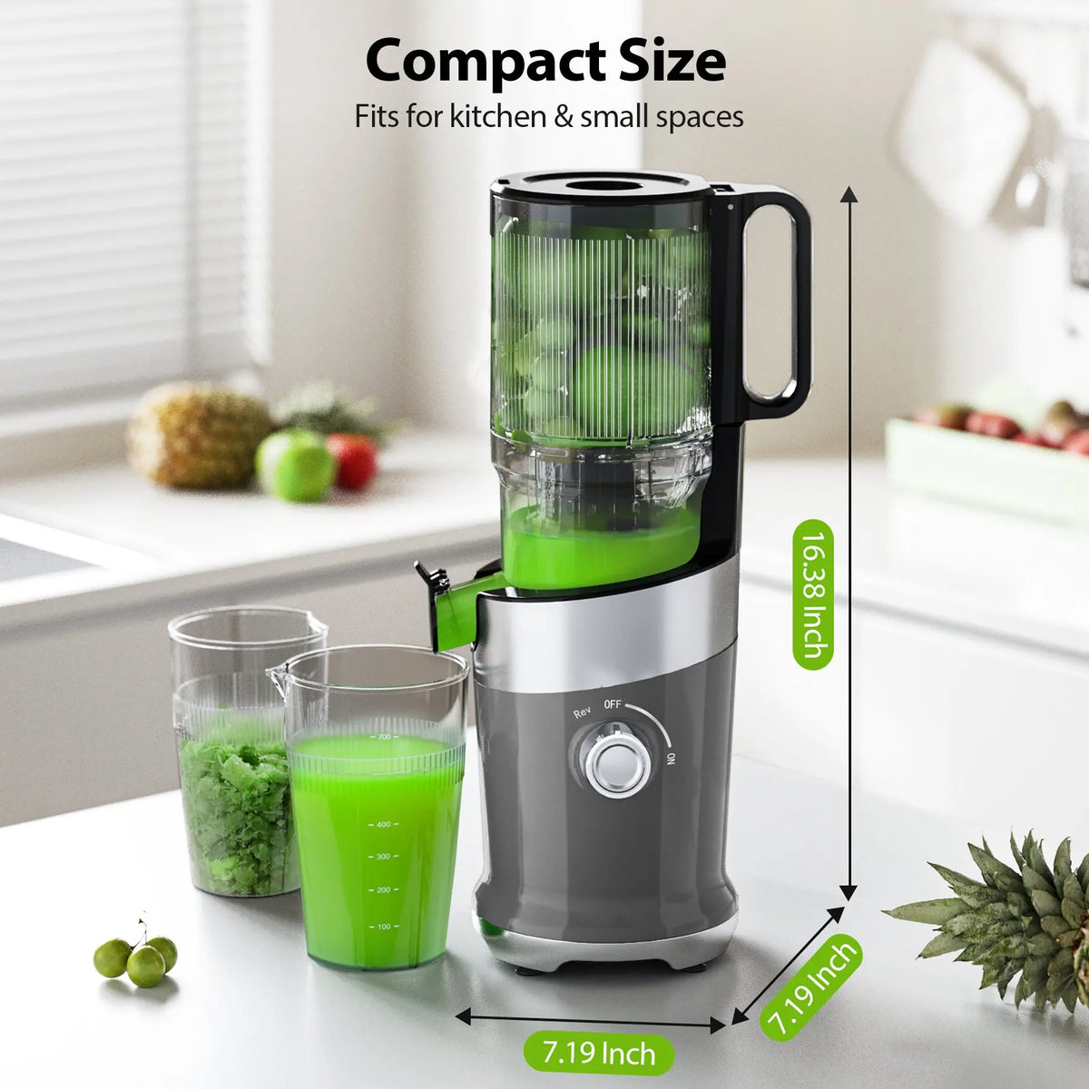 Cold Press Juicer 50 RPM 4.9" Whole Fruit No Cut Easy Clean with Safety Lock Reverse Function