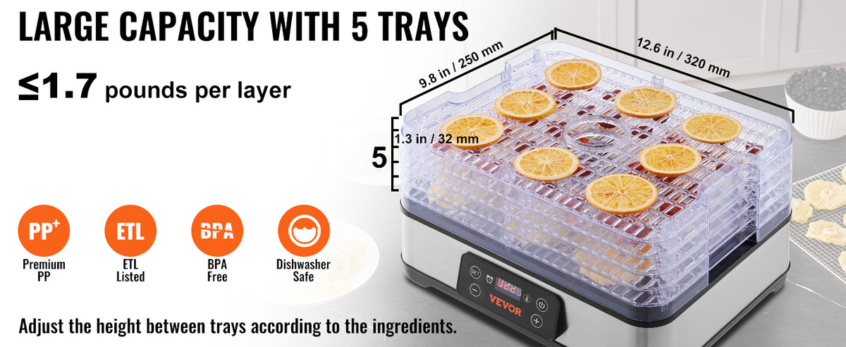 VEVOR 5 Tray Food Dehydrator Stainless Steel Dryer With Timer