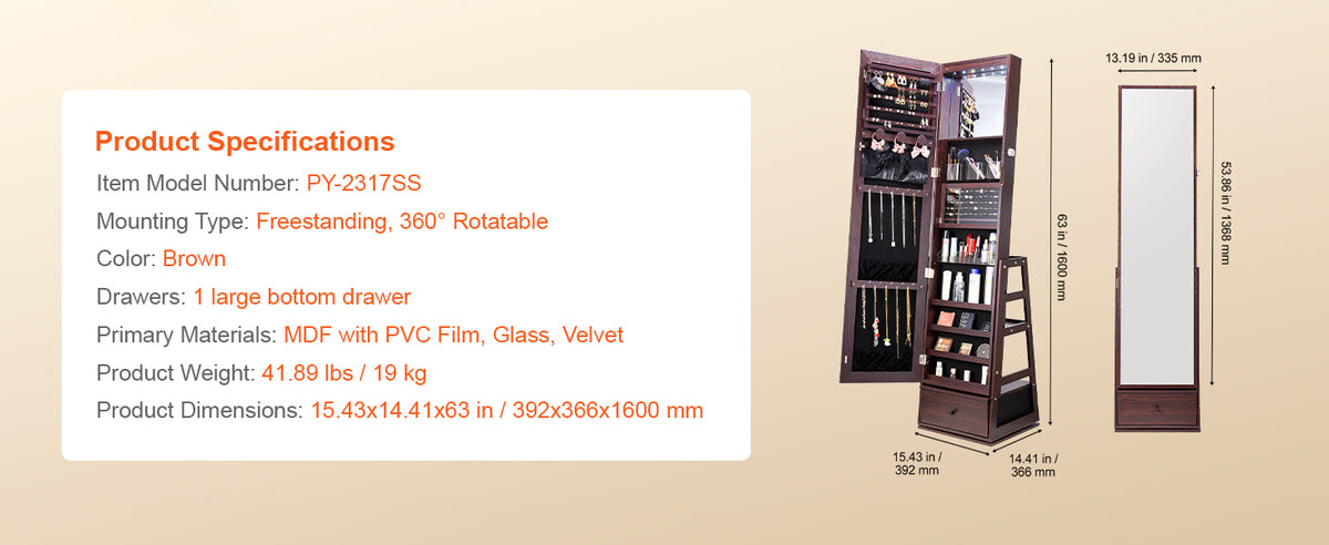 SucceBuy Mirror Jewelry Cabinet 360 Degree Swivel With Lockable Storage