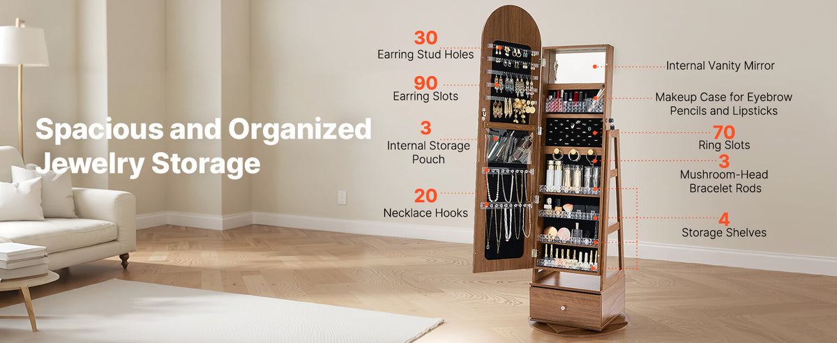SucceBuy 360 Degree Swivel Jewelry Cabinet With Lockable Mirror Armoire