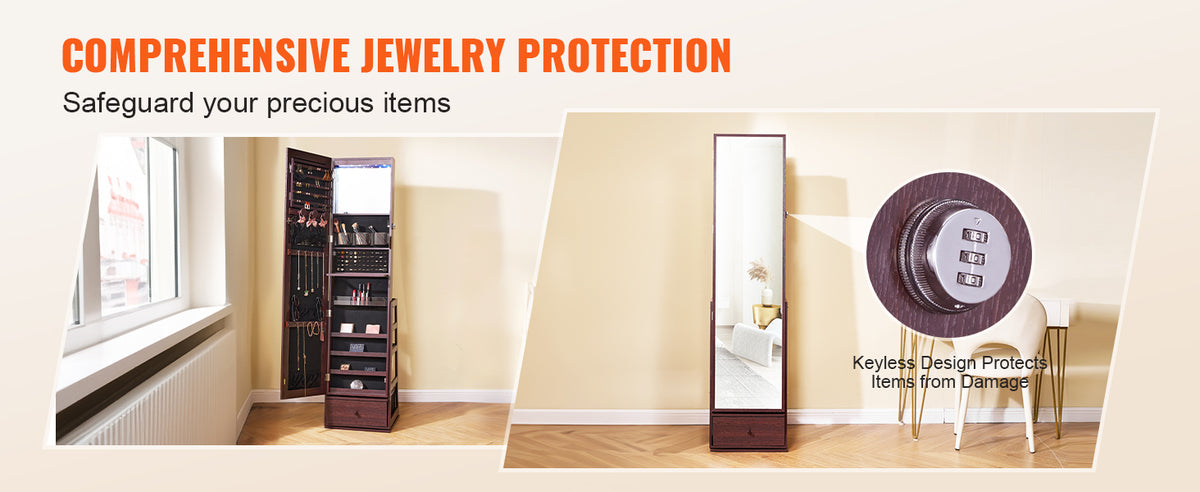 SucceBuy Mirror Jewelry Cabinet 360 Degree Swivel With Lockable Storage