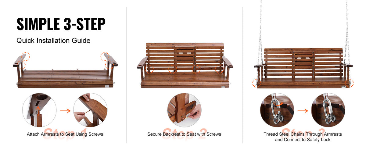 SucceBuy Cedar Wood Porch Swing Outdoor Bench With Steel Chains